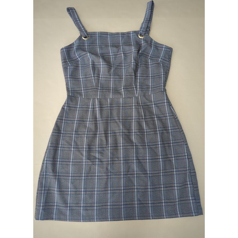 Bebop Square Neck Blue Plaid Midi Dress Jumper Silver Grommets Women's Size M